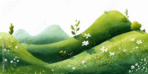 Spring meadow with wildflowers blooming across rolling hills under soft sky. Delicate watercolor painting captures pastoral countryside scenery. Botanical nature template design.
