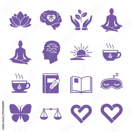 Collection of purple wellness and mindfulness icons on a white background