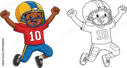 Cute cartoon boy American football player jumping with joy wearing red jersey and helmet including coloring page version on white,