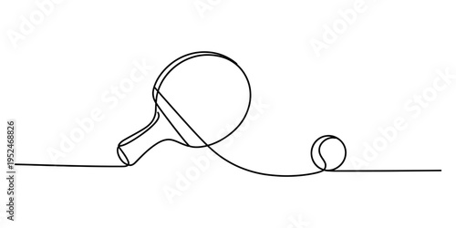Continuous line drawing of a table tennis paddle and a small ball on a white background