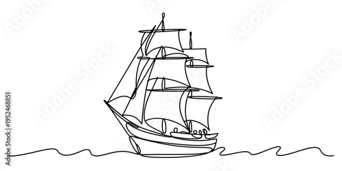Continuous one line drawing of a vintage sailing ship with multiple sails on a wavy ocean surface