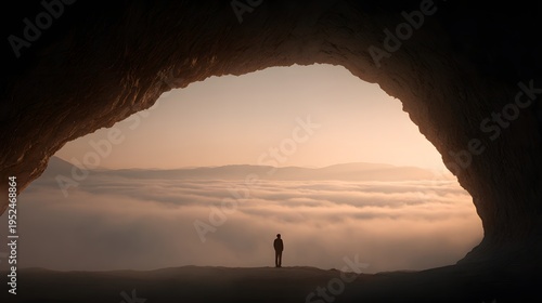 Lone Silhouette in Cave Overlooking Misty Mountain Landscape