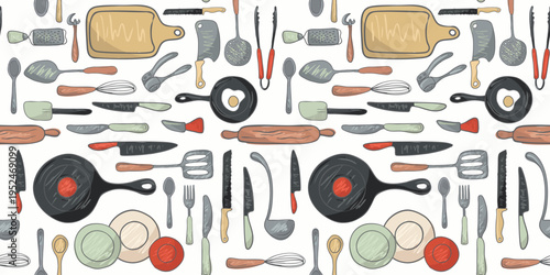 Seamless pattern kitchen stuff cooking essentials with knives spatulas and cutting boards for food design projects.