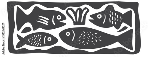 Fish linocut vector set: rustic woodcut marine animal illustrations with sardine and sea life. Black monochrome hand drawn ink stamp border for nautical menu, coastal folk art and logo design