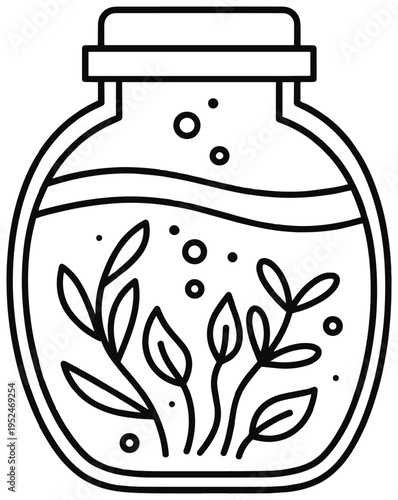 Small plants in a bottle terrarium. simple outline drawing of mini ecosystem