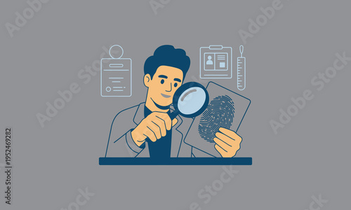 A forensic scientist examines evidence with a magnifying glass analyzing a fingerprint for clues