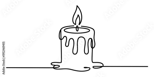 Continuous line drawing of a burning candle with melting wax and a flickering flame.