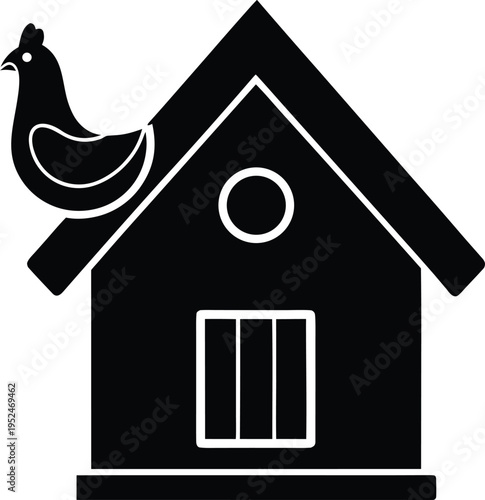 Chicken coop building with hen on roof icon