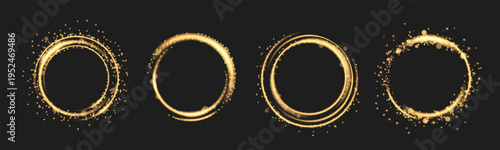 Golden rings with glowing light effect and sparkle dust, glitter on black background. Vector illustrations of magical circle frames with shiny gold particles, stroke flare borders