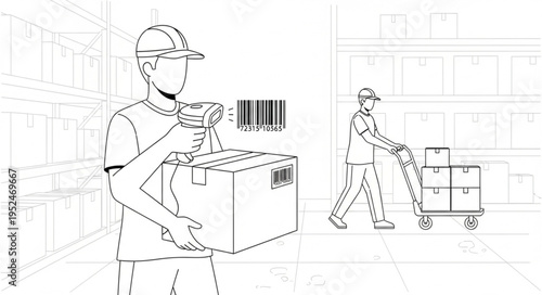 Warehouse Worker Scanning Barcode on Box with Handheld Scanner.