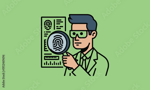 A cartoon scientist examines a fingerprint with a magnifying glass illustrating forensic investigation high quality