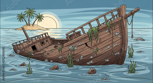 Sunken Shipwreck Remains Near Tropical Island, Covered in Algae and Barnacles.