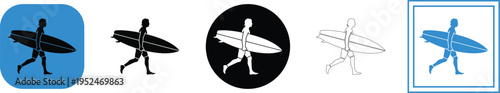 vector graphic of a man carrying a surfboard in various design styles and colors, showcasing different illustration techniques and backgrounds