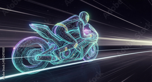 Futuristic Motorcycle Rider on a Digital Highway.
