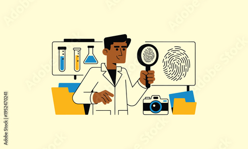 A young detective examines evidence including fingerprints with scientific tools and a camera high quality