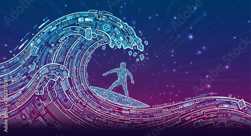 Surfer Riding a Digital Wave - A Fusion of Technology and Ocean.