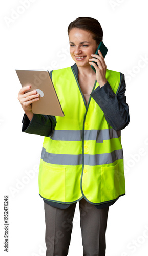 Isolated professional female wearing high visibility vest talking on mobile phone and using digital tablet.