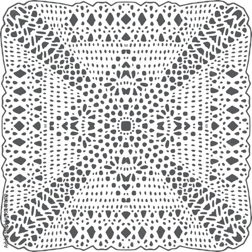Intricate crochet doily pattern with floral motifs and geometric shapes