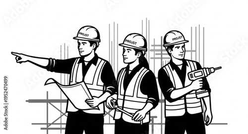 Construction Workers Inspecting Site with Blueprint and Power Drill.