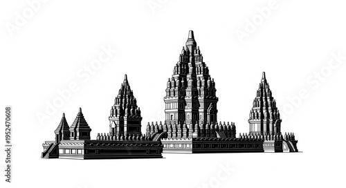 Detailed Illustration of the Prambanan Temple Complex in Indonesia.