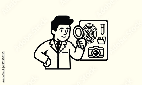 A detective meticulously examines a fingerprint with a magnifying glass investigating a crime scene