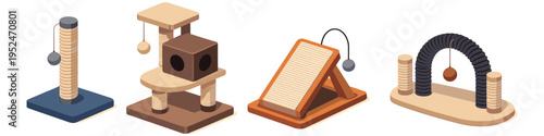 Collection of isometric cat scratching posts and trees with toys for feline entertainment