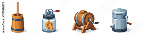 Collection of vintage and modern butter churns for dairy production