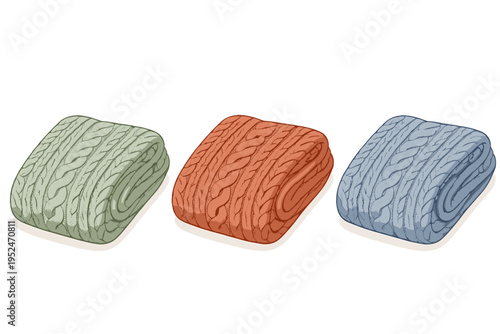 Three folded knitted blankets in different colors: sage green, terracotta, and dusty blue