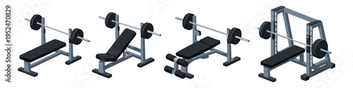 Collection of weightlifting benches and smith machine for gym workouts