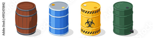 Collection of four different types of barrels and containers in isometric view