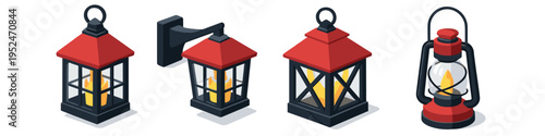 Collection of vintage lanterns with glowing flames, isolated on white background