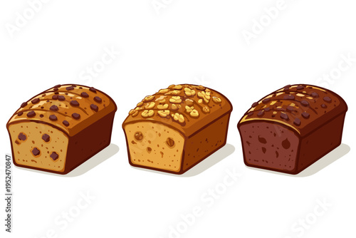 Three different loaves of bread, including chocolate chip and walnut varieties