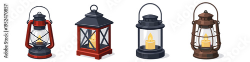 Collection of four vintage lanterns with lit candles, isolated on white background