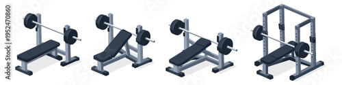Set of isometric weightlifting benches with barbells for gym workouts