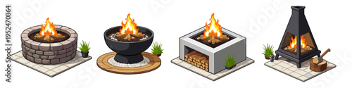Collection of four distinct outdoor fire pit designs with burning logs and flames