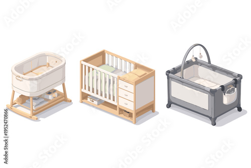 Three different types of baby cribs and bassinets shown in isometric view