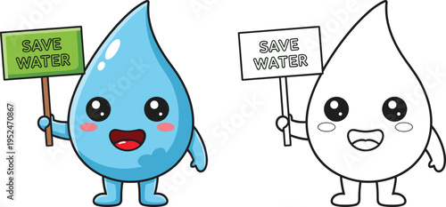Cute cartoon blue water drop character holding save water sign including coloring page version isolated on white background for kids,
