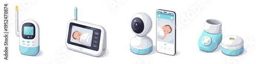 Collection of modern baby monitors with cameras and screens for home security