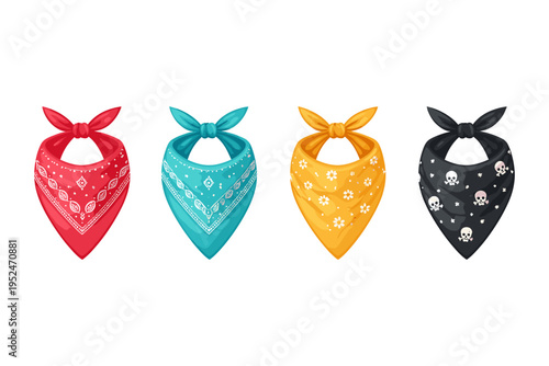 Collection of four colorful bandanas with different patterns and designs