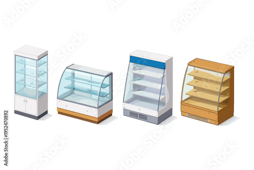 Collection of four different commercial display refrigerators and freezers for food service