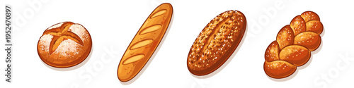 Assortment of freshly baked bread loaves including a round roll, baguette, seeded oval, and braided challah