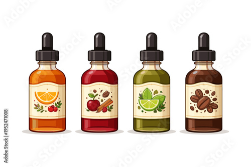 Four dropper bottles with fruit and coffee flavors on white background