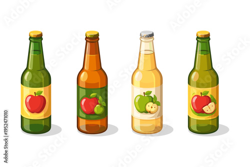 Four bottles of apple cider with different labels and colors, isolated on white background