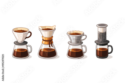 Various coffee brewing methods illustrated side-by-side on a white background