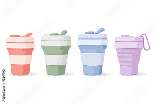 Four colorful collapsible silicone cups with lids and handles, perfect for travel