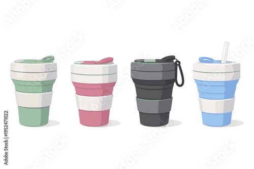 Collection of colorful collapsible silicone cups with lids and straws for travel