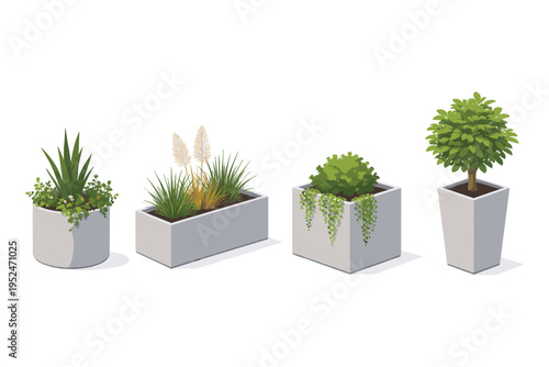 Modern concrete planters with diverse green plants and ornamental grasses