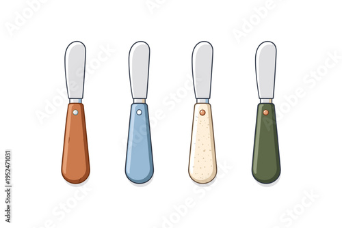 Set of four colorful butter knives with metal blades and different handle designs