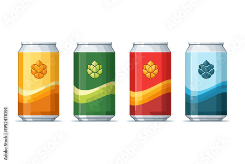Four colorful beverage cans with hop icons and wavy designs, isolated on white