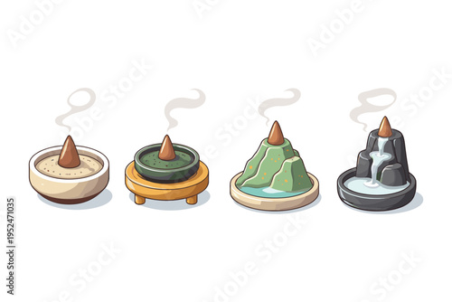 Collection of four decorative incense burners with smoke rising